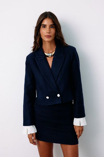 Sateen Tweed Jacket - Cuff Detail, Navy Blue