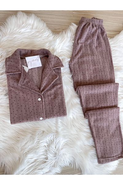 Pijamacs Mink Polka Dot Patterned Front Buttoned Fleece Pajama Set