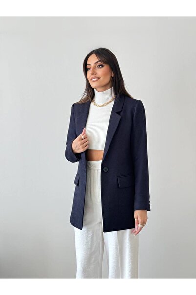 CYU سترة نسائية أنيقة ذات جودة عالية باللون الأزرق الداكن ذات زر واحد من الصوف