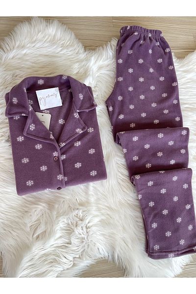 Pijamacs Purple Snowflake Patterned Front Buttoned Fleece Pajama Set