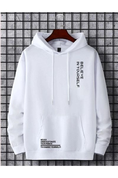 ALCİNOUS Men's Believe Printed White Hooded Sweatshirt