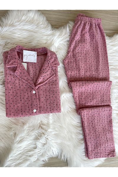 Pijamacs Pink Polka Dot Patterned Front Buttoned Fleece Pajama Set
