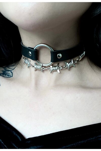 DarkellaStore Gothic Punk Dikenli Zincirli Halkalı Deri Choker
