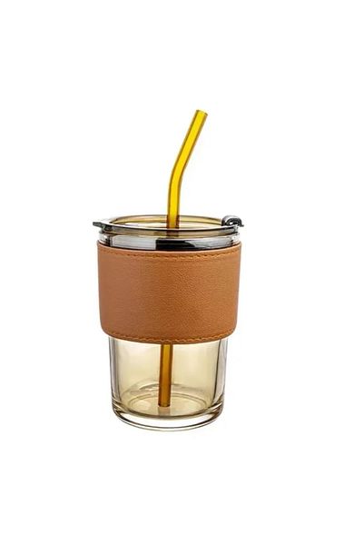 MIBRU glass cup with straw and cover brown 450ml