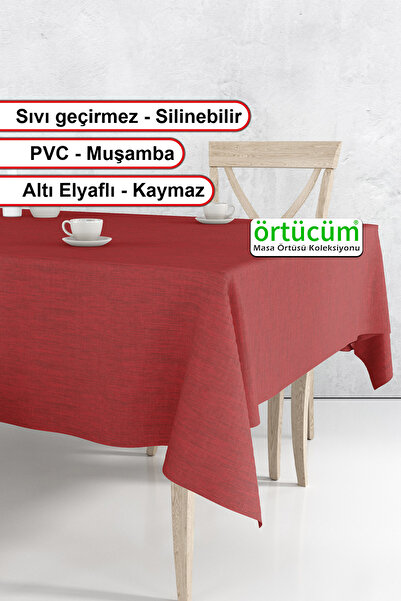 Örtücüm Kırmızı Renk Düz Desensiz Leke Tutmaz Silinebilir Pvc Astarlı Muşamba...