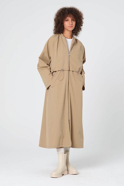 Monolou Stretch Fabric Hooded Zippered Drawstring Waist Pocket Long Trench Coat Beige