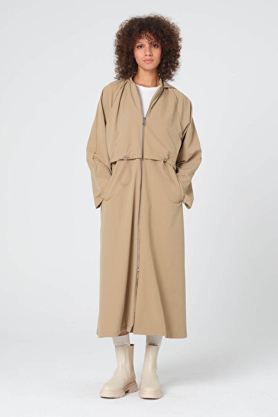 Monolou Stretch Kumaşlı Kapüşonlu Fermuarlı Beli Büzgülü Cepli Uzun Trençkot Bej
