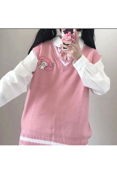 Köstebek Fantasy Magic Kuromi My Melody Pink V-Neck Sweater