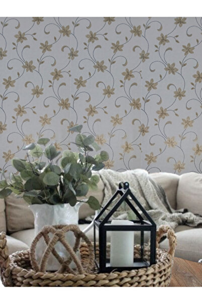 KMS HOME Krem Gold Çiçek Desenli Hava alabilen Silinebilir Duvar Kağıdı (5 M²)