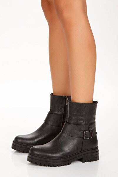 elvinshoes Lola Hakiki Deri Kadın Siyah Fermuarlı Kemer Detay Bot