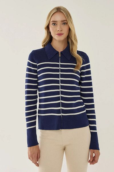 Hiccup Cardigan cu guler de cămașă cu fermoar în dungi
