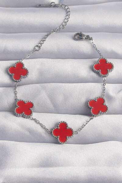 Skygo 316L الصلب الفضي اللون الأحمر بالمينا البرسيم سوار - TJ-BB6263