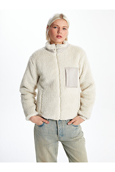 LC Waikiki Women's Plush Coat with Stand Collar Long Sleeves