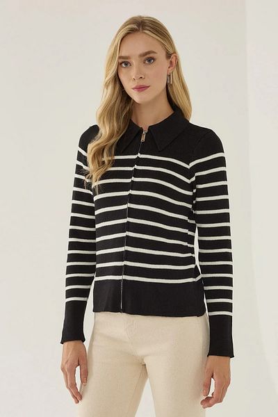 Hiccup Cardigan cu guler de cămașă cu fermoar în dungi