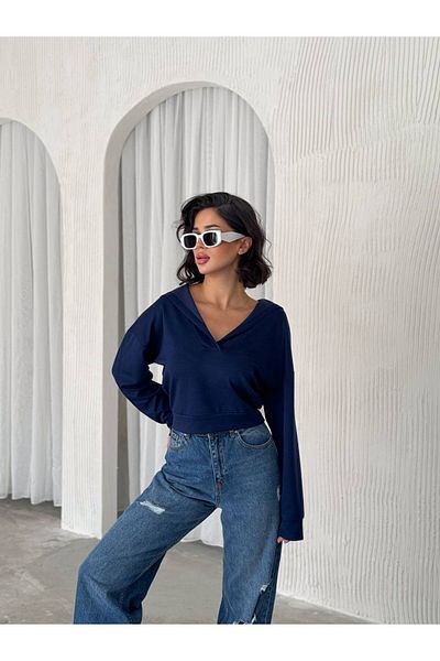 Modaminör Blue Hooded V-Neck Modal Fabric Crop Sweatshirt
