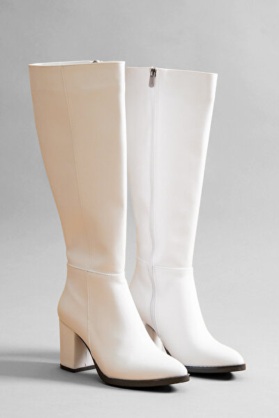 DURUNUN BUTİĞİ Μπότες καθημερινής χρήσης με λευκό δερμάτινο τακούνι με φερμουάρ στο πλάι