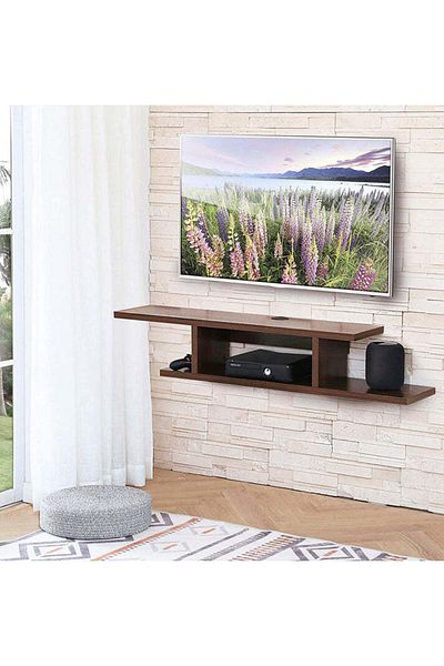 Modern home حامل تلفاز عائم مثبت على الحائط مع رف وحدة تحكم وسائط - بني