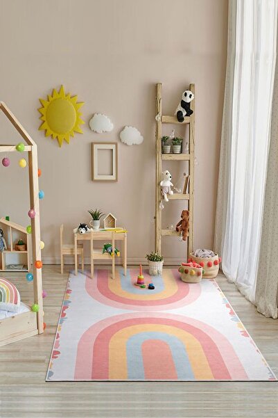 PINKIE HOME Kaymaz Makinede Yıkanabilir Leke Tutmaz Çocuk Odası Halısı Gökkuşağı Desenli Halı-28