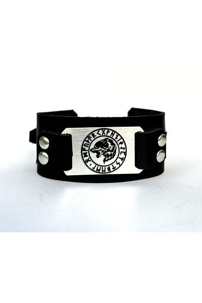 BSN Store Large Genuine Leather Bracelet with Scandinavian Wolf Figure