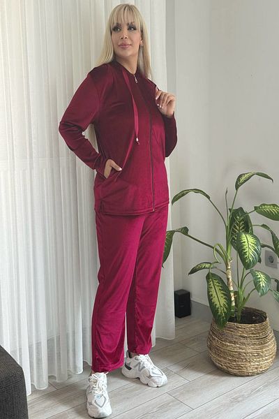 xlargebutik Large Size Clothing Claret Red Velvet Suit Hooded Flexible Sports Suit
