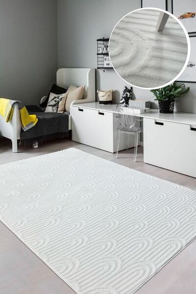 PINKIE HOME Beyaz Soft Tüylü Kabartmalı Peluş Ince Halı Salon Halısı Yatak Od...