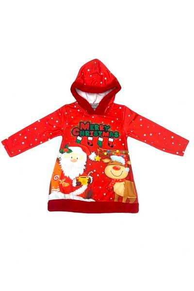 Lolliboomkids New Year's Winter Santa Claus Concept Girls' Plush Detailed Hooded Cotton Dress
