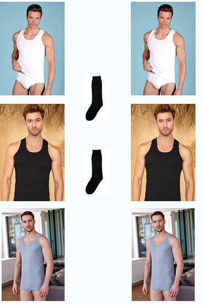 Berrak Men's Mixed Color 6-Piece Classic Cotton Tank Top with 2 Pairs of Bamboo Socks as a Gift