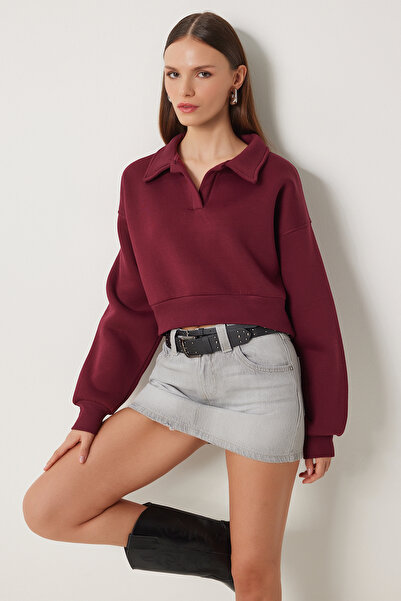 Lovelyİstanbul Πλεκτό φούτερ Claret Red Crop - Polo Neck, Raster LHW0004