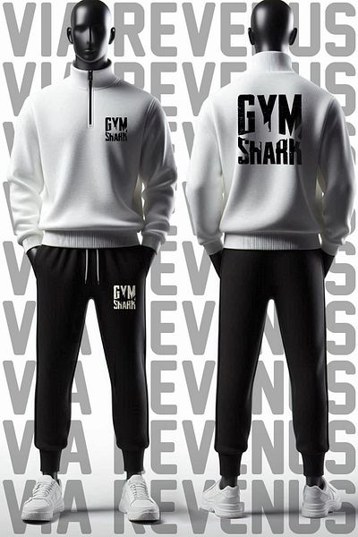 Vordevia Gym Shark Printed Half Zippered Stand Collar Sweatshirt and Black Tracksuit Sports Set