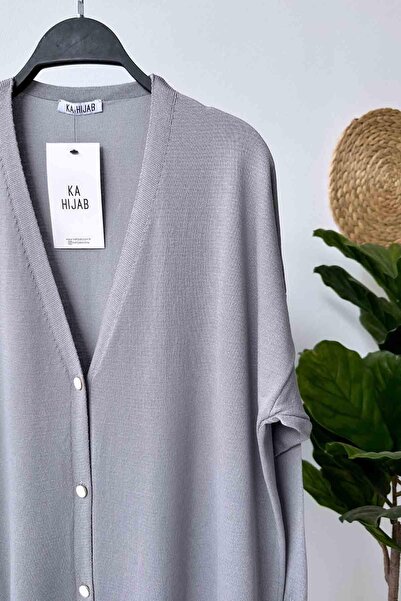 Ka Hijab Maxi Boy Düğmeli Merserize Tesettür Hırka - Gri