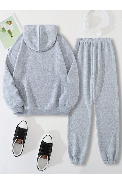 Boi Σετ φόρμας Half Heart Combination Bottom Top - Γκρι εμπριμέ Oversize Λαστιχένια κουκούλα ποδιών