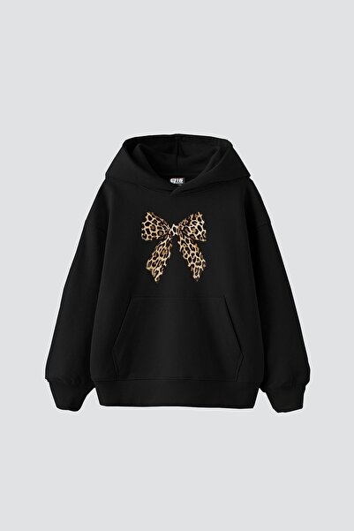 MARECASH Fiyonk Leopar Baskılı Oversize Unisex Premium Siyah Hoodie