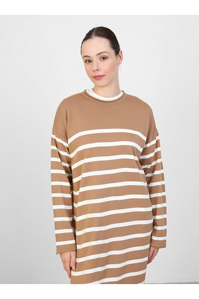 Benin Striped Crew Neck Basic Knitwear Hijab Dress - Camel - Benin