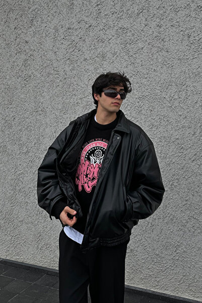 Moderk Oversize Vintage Erkek Siyah Deri Ceket
