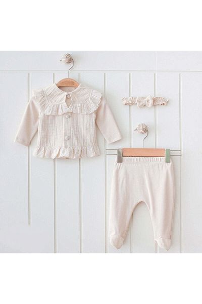 Mymio Embroidered Muslin Baby Girl Top and Bottom Set, Hospital Exit