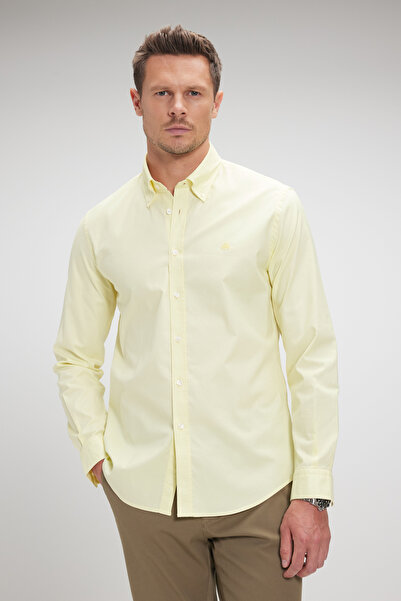 BROOKS BROTHERS Erkek Sarı %100 Pamuk Düğmeli Yaka Slim Fit Oxford Gömlek