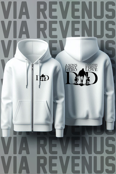 Vordevia Dad Front and Back Printed Unisex Zippered Hooded White Sweatshirt Cardigan
