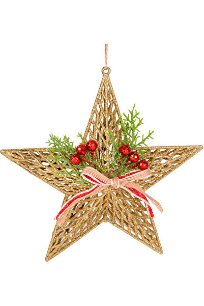 Herdekora Ornament de Anul Nou Decorat de Anul Nou Steaua cu fundita si fructe de padure Aur 25x25 Cm.