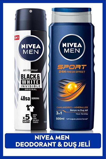 NIVEA MEN Erkek Sprey Deodorant Black&White Invisible Original ve MEN Sport Erkek Duş Jeli 500ml
