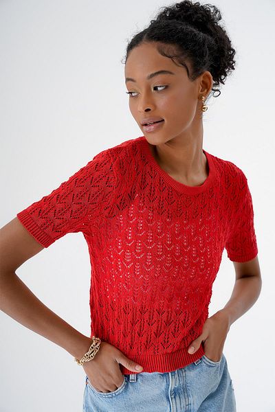 CHUBA Pomegranate Flower Print Crew Neck Openwork Knitwear Women's Sweater - Short Sleeve 24S167