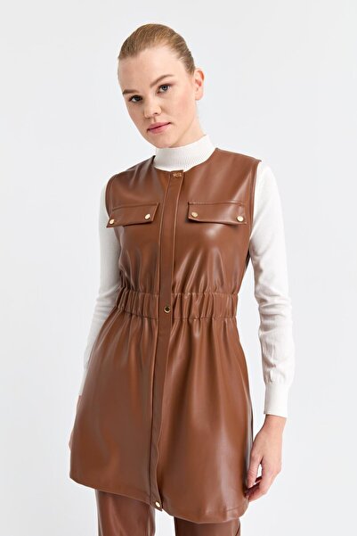 Esswaap Beli Büzgü Detaylı İçi Nubuk Deri Yelek  Taba