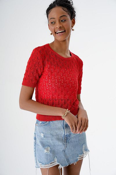CHUBA Pomegranate Flower Print Crew Neck Openwork Knitwear Women's Sweater - Short Sleeve 24S167