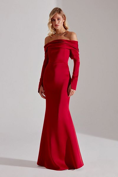 BETTY & SAM Clara Off-shoulder RED Fish Skirt Dress
