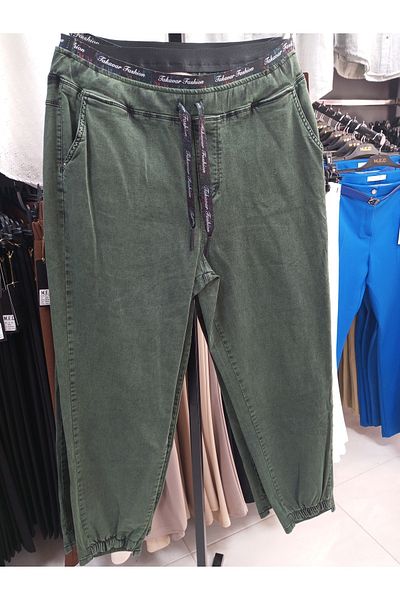 AKŞEN GİYİM Green Large Size Lycra Jean Trousers - Elastic Leg with Stone Detail