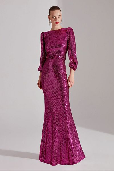 BETTY & SAM GRACE Sparkly Sequined Fuchsia Balloon Sleeve Maxi Boy Evening Dress