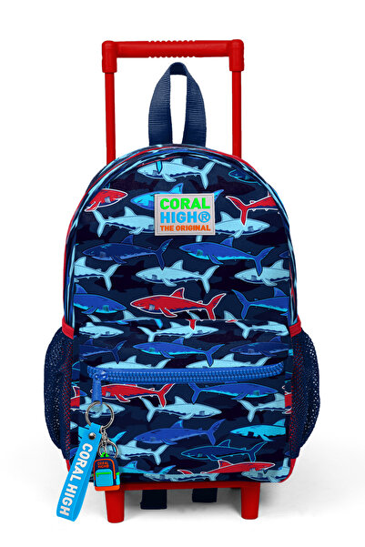 Coral High Minik Yuva Çekçekli Sırt Çantası Lacivert Kırmızı Köpek Balığı Desenli Iki Bölmeli 24016