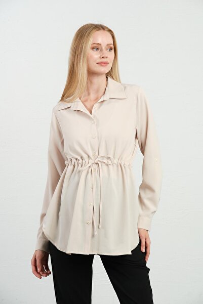 BUSA Cream Colored Maternity Shirt - Waist Lace, Long Sleeve