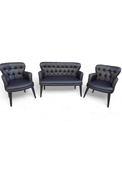 ARGÜN HOME Siyah Deri Ahşap Ayaklı Ofis Koltuk Takımı Büro Koltuk Ve Kanepele...