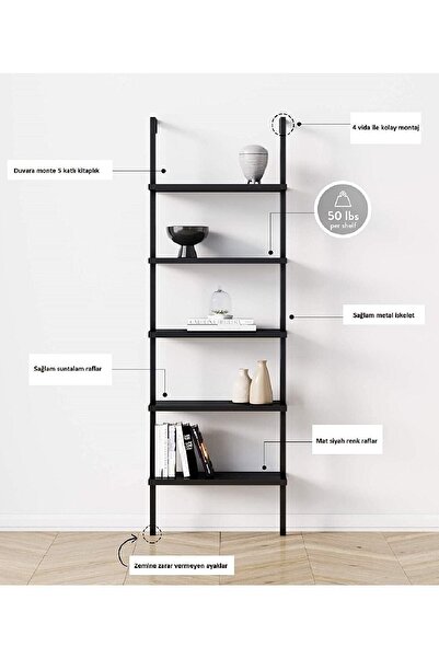 Plus aksesuar Siyah Renk Dekoratif Tasarım 5 Katlı Duvara Monte Kitaplık Aksesuar Rafı