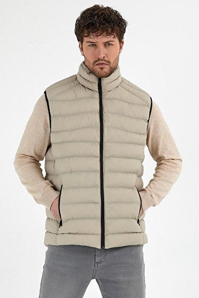 odelon Men's Slim Fit Stand Collar Casual Vest - Stone